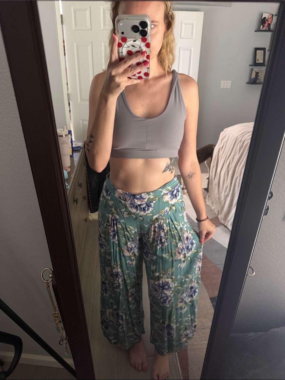 Listicle Wide Leg Floral Pants in Green and Blue